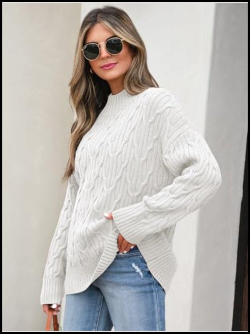 Women's Mock Neck Cable Knit Sweater 100% Acrylic Chunky Pullover - Picture 2 of 6